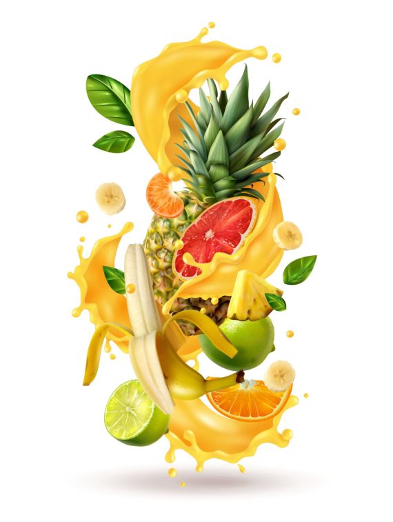 Realistic ftuiys juice splash burst composition with spray images and ripe tropical fruits on blank background vector illustration